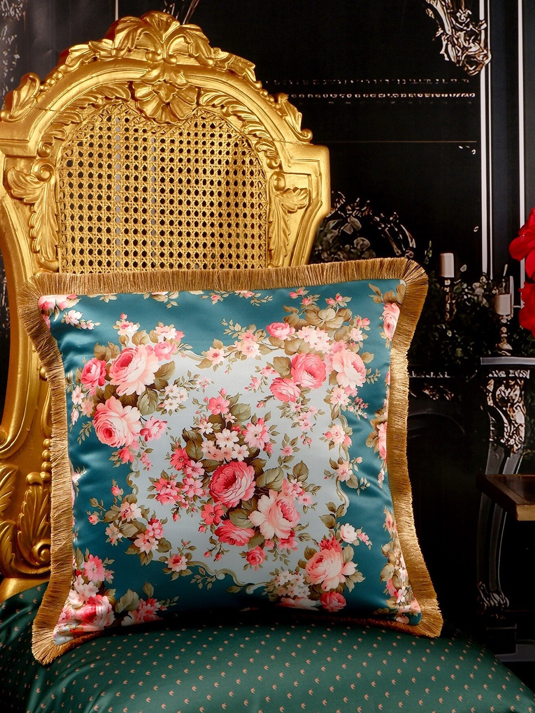 

THE WHITE INK DECOR Green & Gold Toned Floral Satin Square Cushion Covers