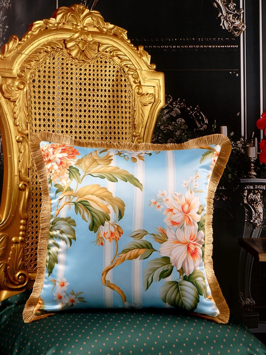 

THE WHITE INK DECOR Blue & Gold Toned Floral Satin Square Cushion Covers