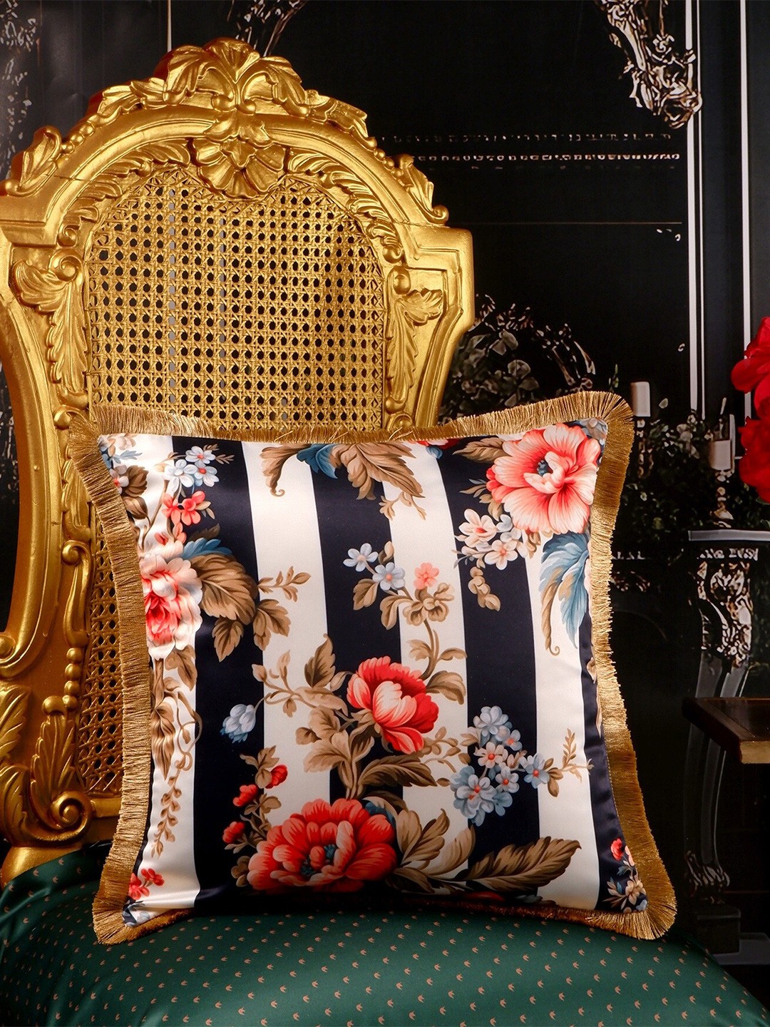 

THE WHITE INK DECOR Eden's Splendor Blue Floral Satin Fringe Edged Square Cushion Cover