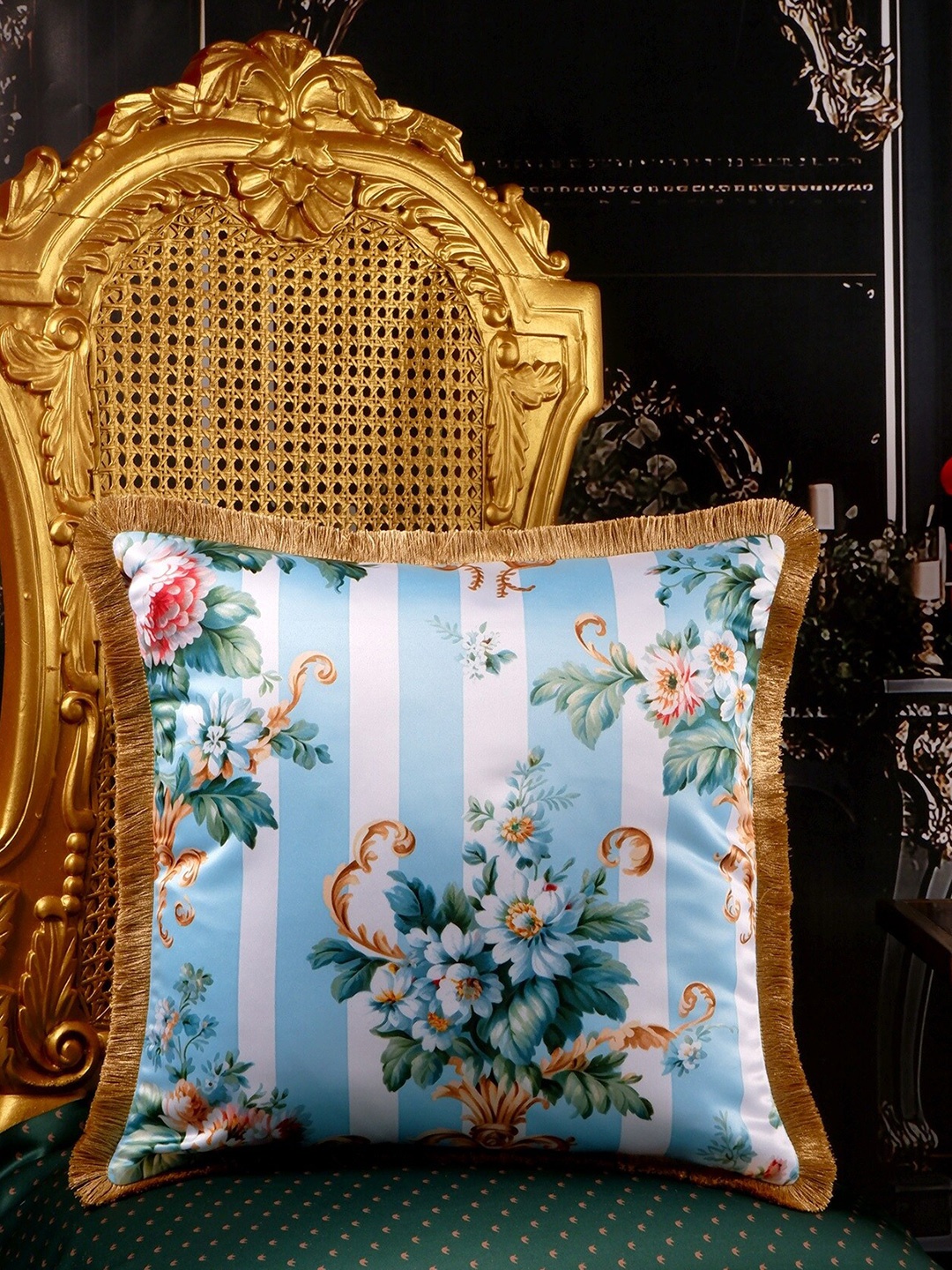 

THE WHITE INK DECOR Blue & White Floral Satin Square Cushion Cover
