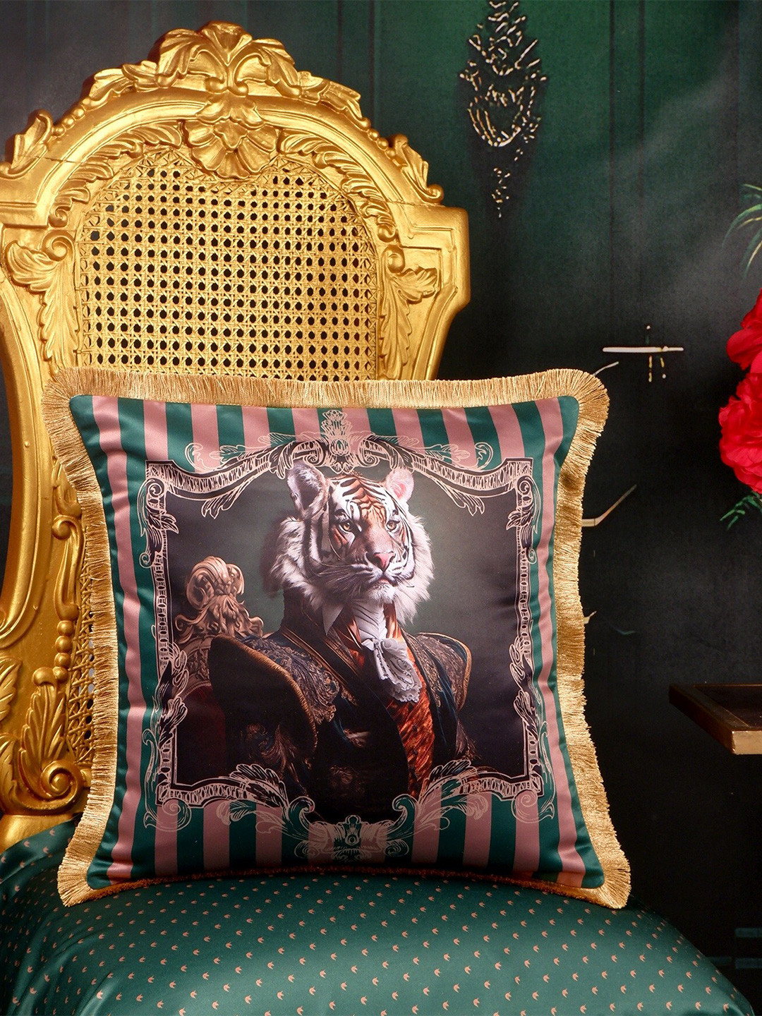 

THE WHITE INK DECOR Green & Pink Lion Pattern Fringe Edged Satin Square Cushion Cover