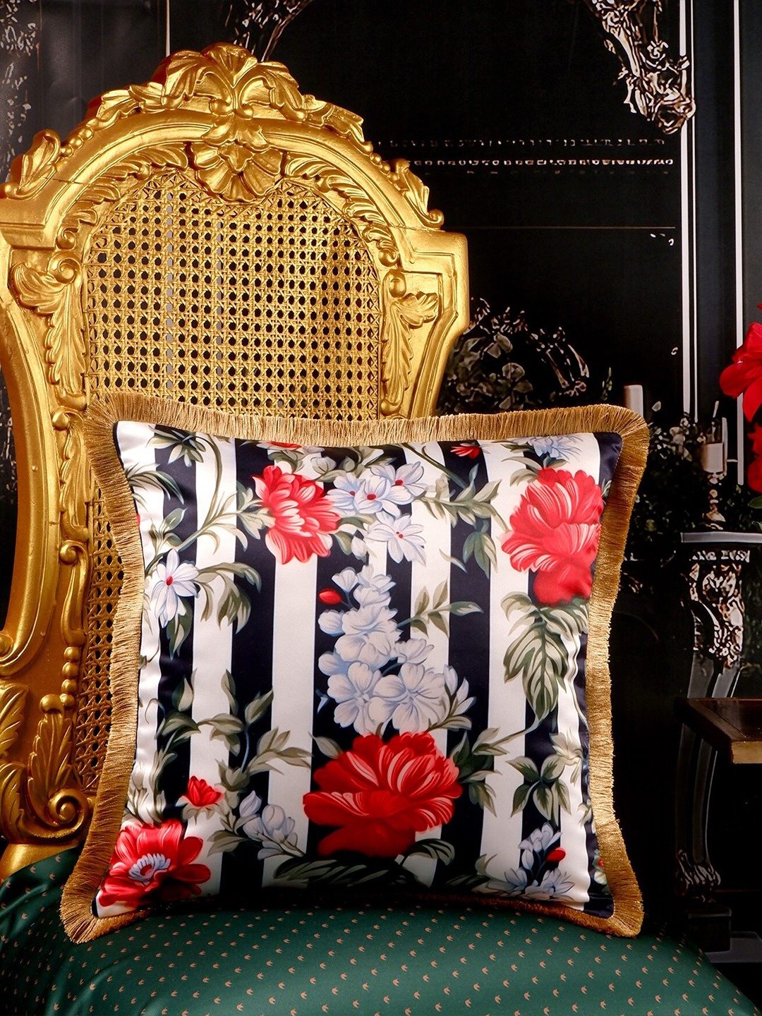 

THE WHITE INK DECOR Luxury Living Blue & White Floral Satin Square Cushion Cover