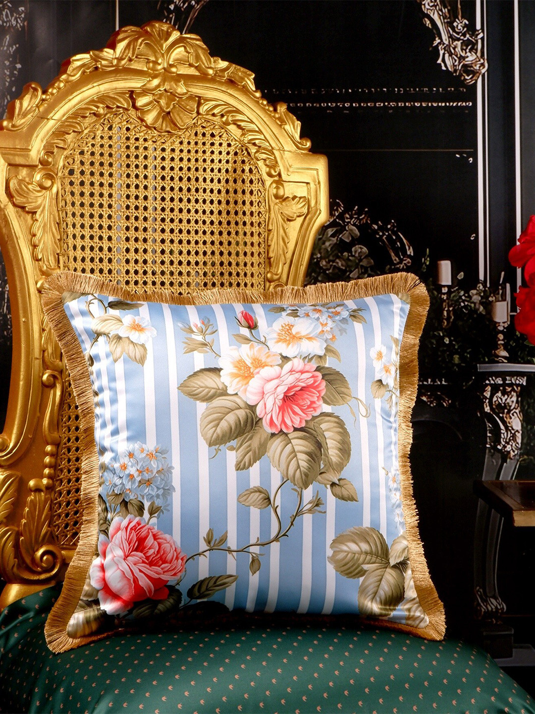

THE WHITE INK DECOR Eden Ensemble Blue & White Floral Satin Square Cushion Cover