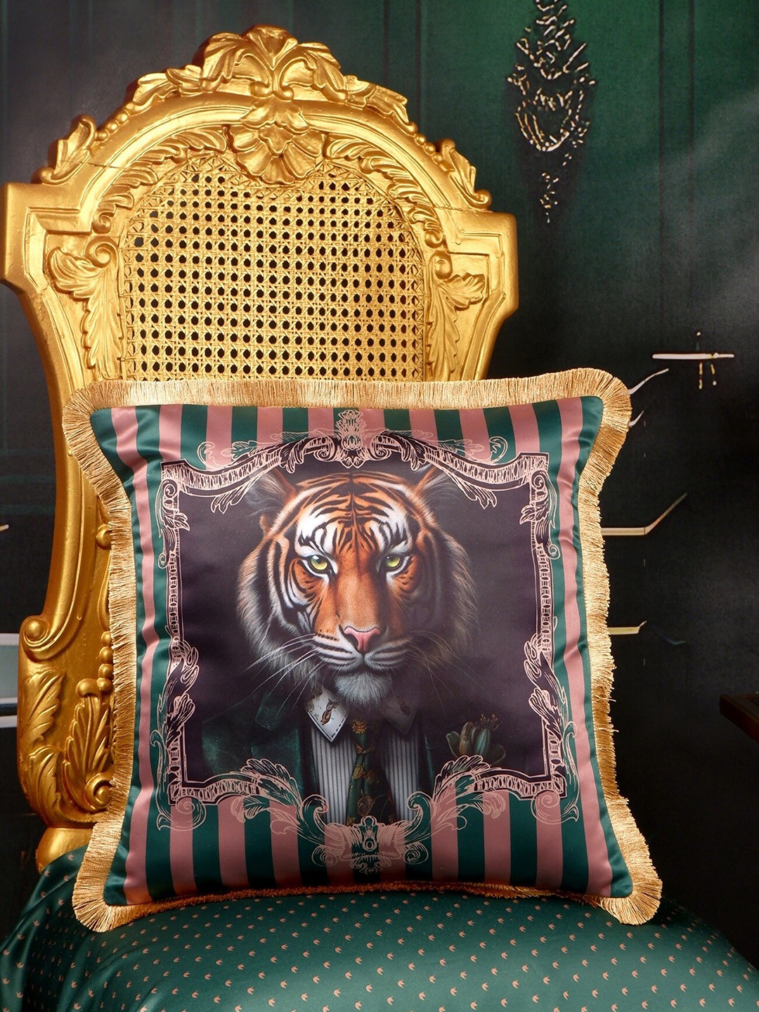 

THE WHITE INK DECOR Green & Brown Lion Satin Fringe Edged Square Cushion Cover