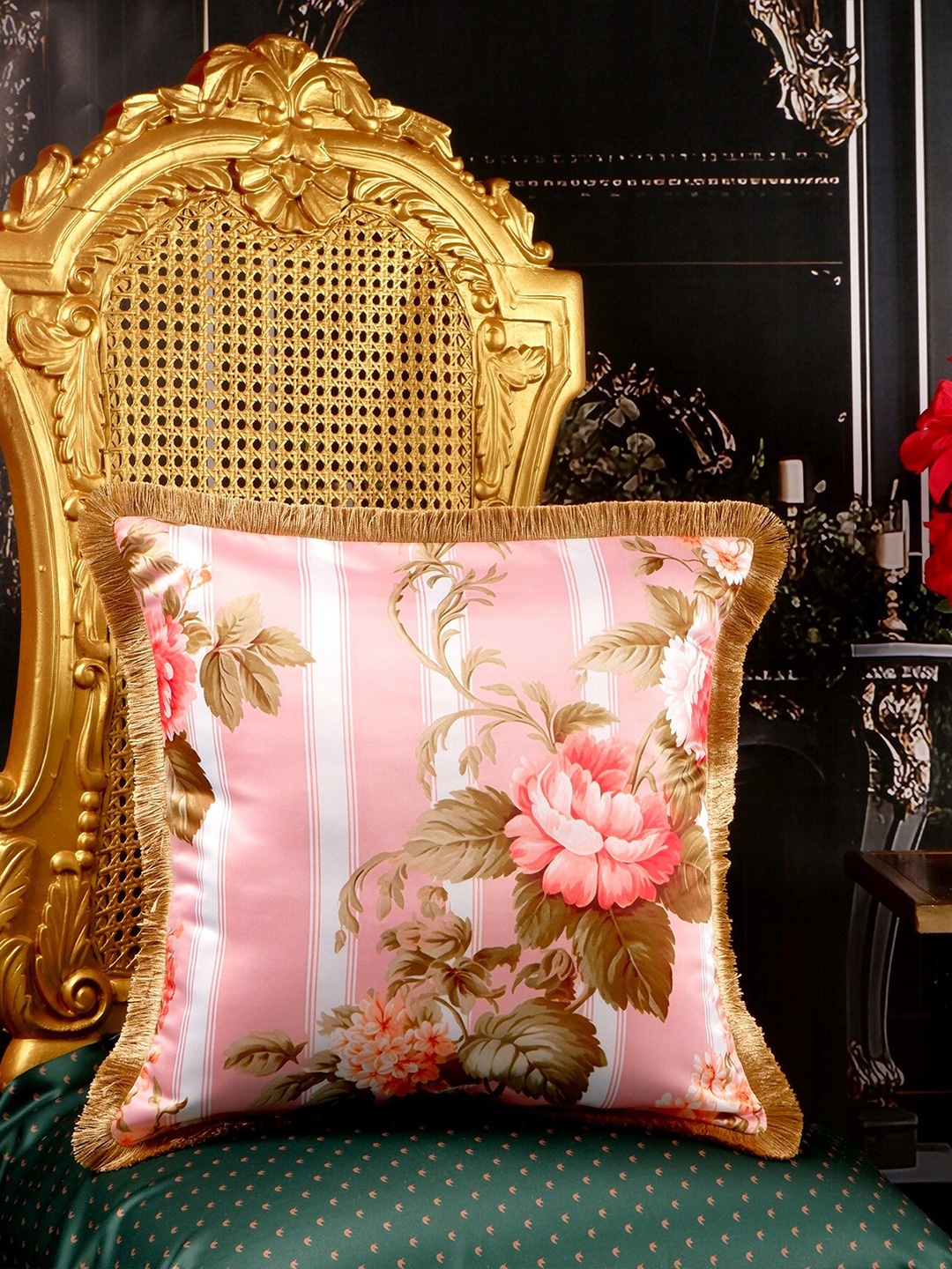 

THE WHITE INK DECOR Tropical Elegence Pink & Brown Floral Satin Square Cushion Cover
