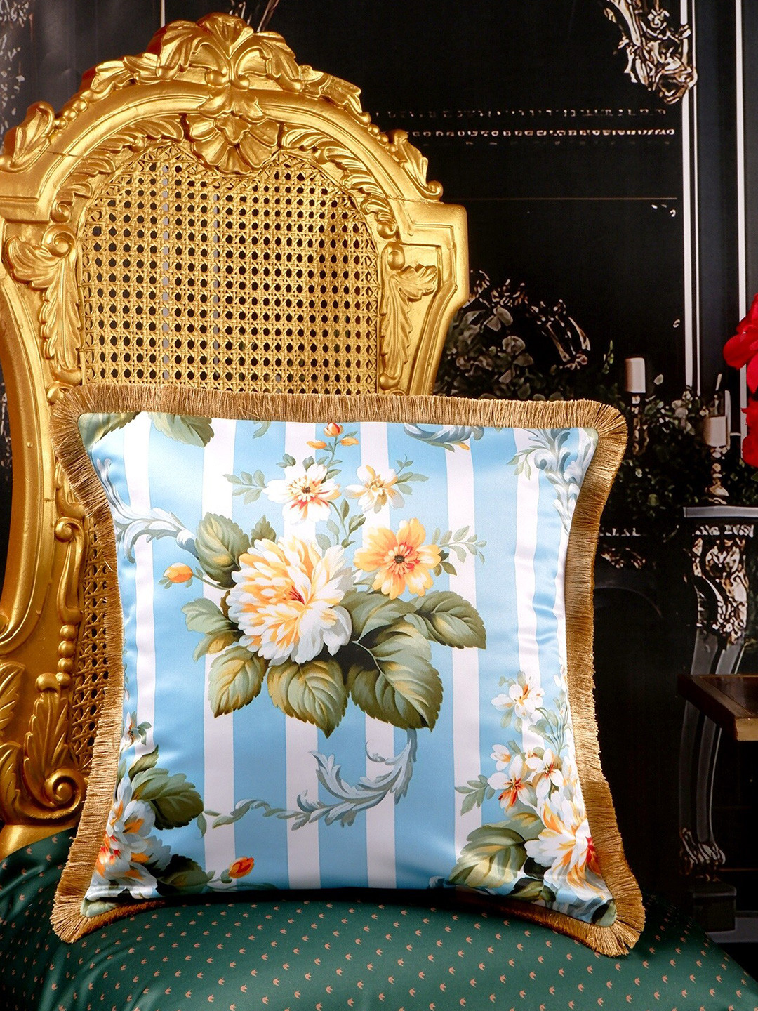 

THE WHITE INK DECOR Tropical Elegence Blue & White Floral Satin Square Cushion Covers