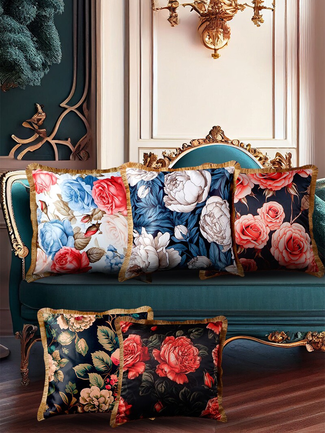 

THE WHITE INK DECOR Red & White 5 Pieces Floral Satin Square Cushion Covers