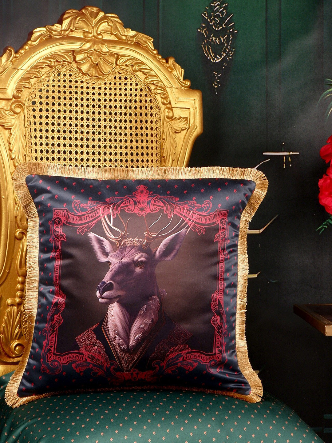 

THE WHITE INK DECOR Tropical Elegence Dark Blue & Red Floral Satin Square Cushion Cover