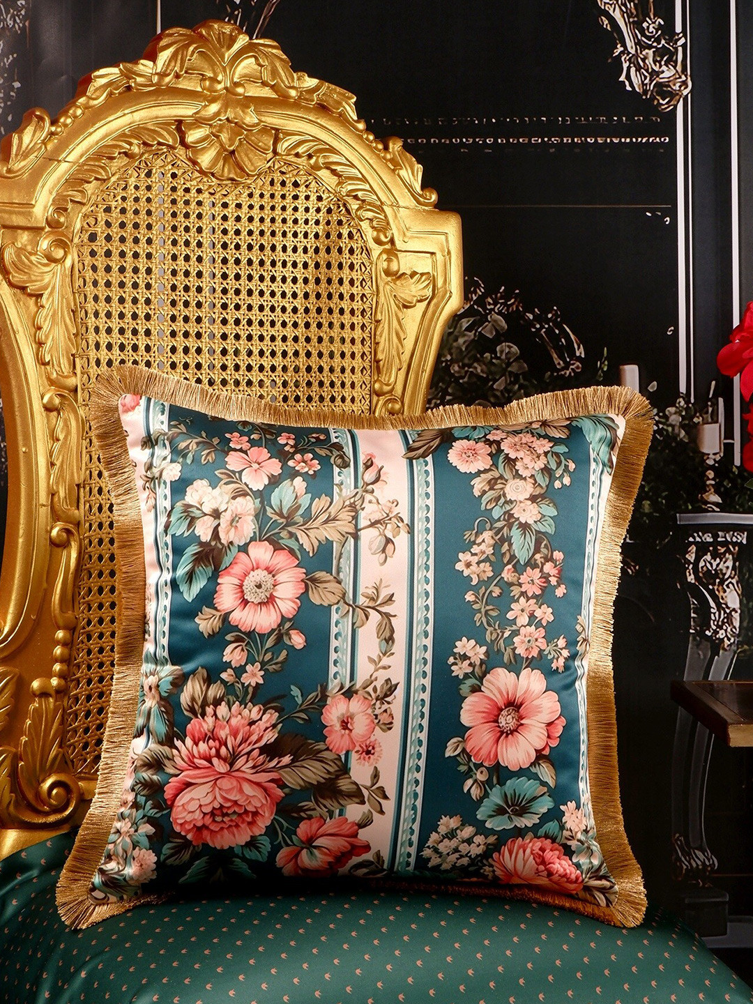 

THE WHITE INK DECOR Tropical Elegence Teal Blue & Green Floral Satin Square Cushion Cover