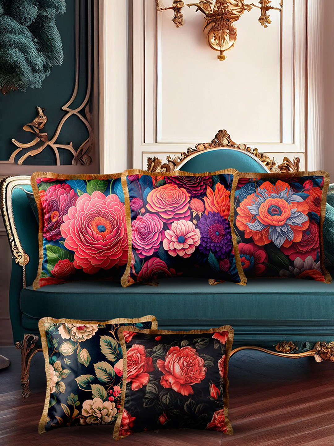 

THE WHITE INK DECOR Tropical Elegence Red 5 Pieces Floral Satin Square Cushion Covers