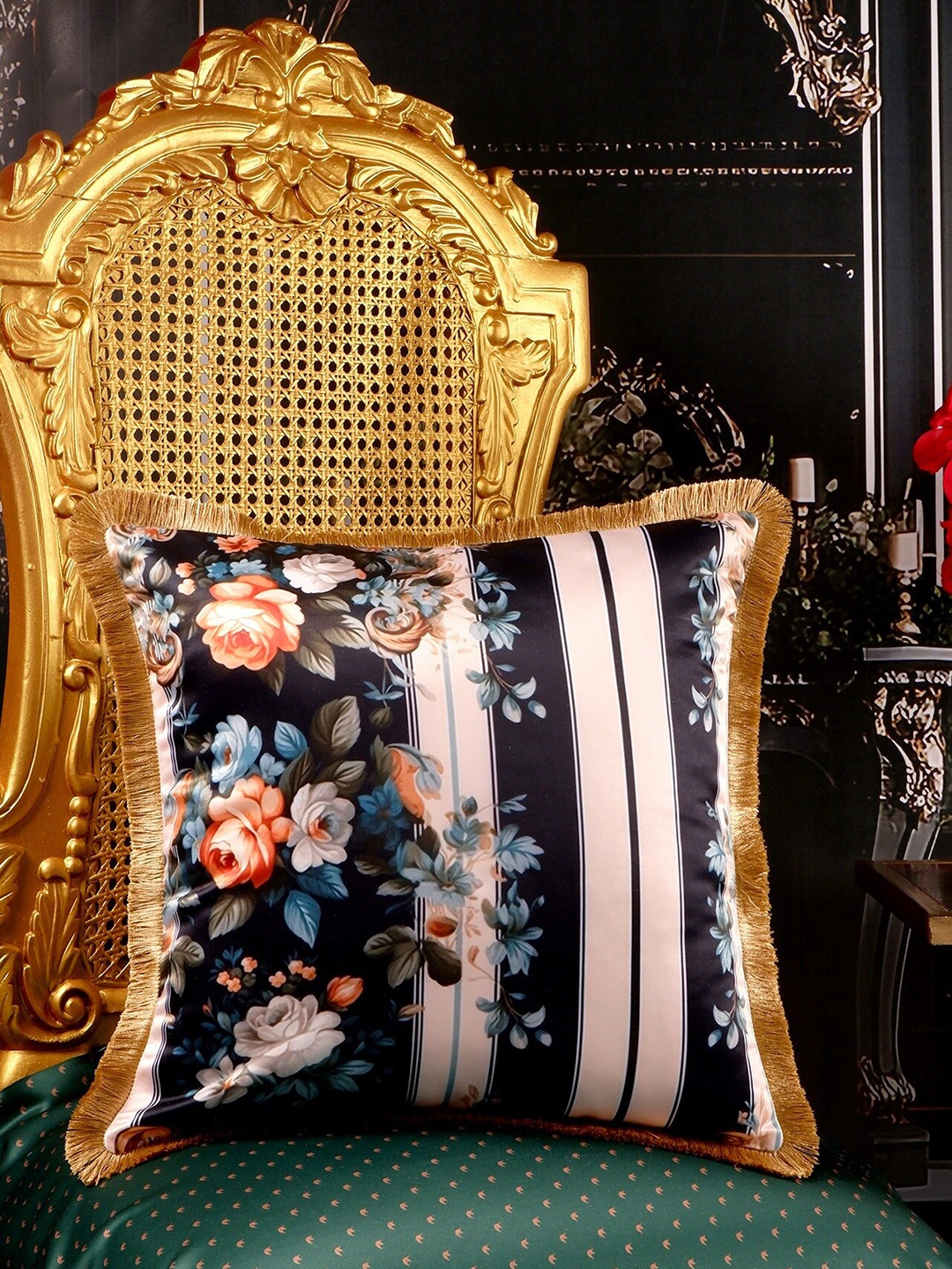 

THE WHITE INK DECOR Tropical Elegence Black & Peach Floral Satin Square Cushion Cover