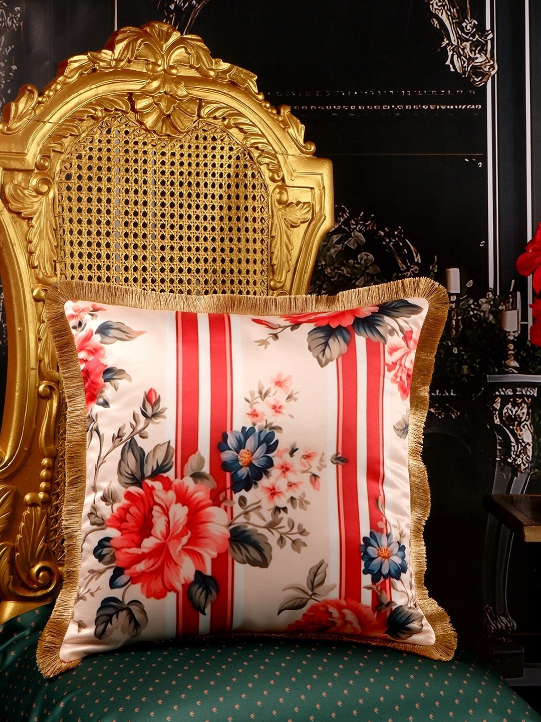 

THE WHITE INK DECOR Red & White Floral Satin Square Cushion Covers