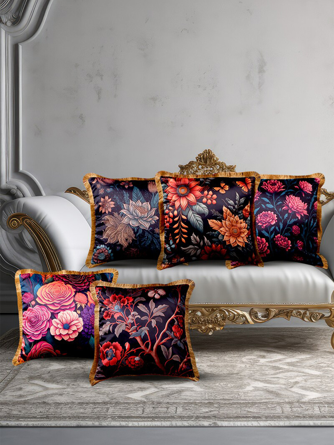 

THE WHITE INK DECOR Black & Gold toned 5 Pcs Floral Satin Square Cushion Covers