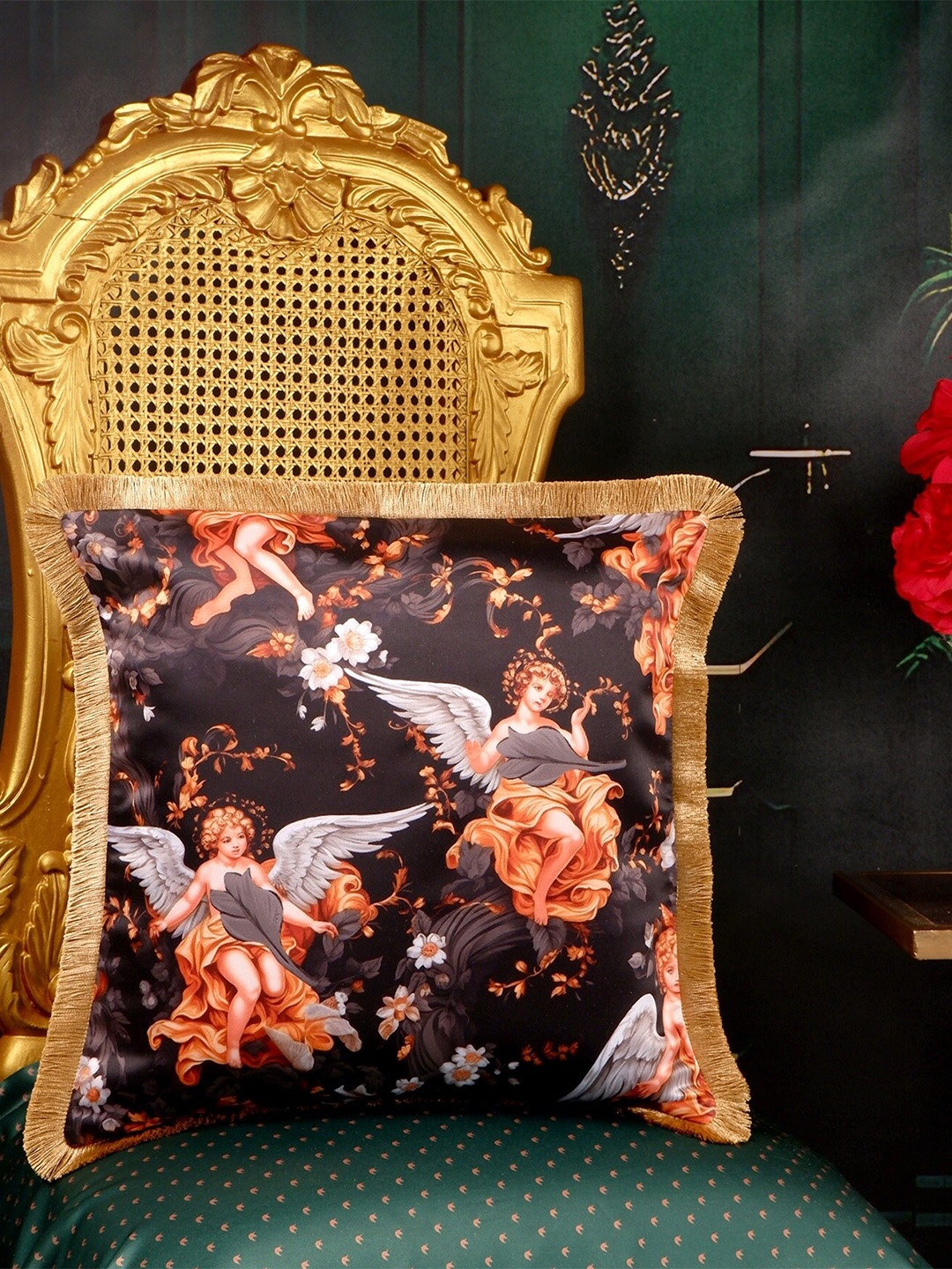 

THE WHITE INK DECOR Black & Gold toned Floral Satin Square Cushion Covers