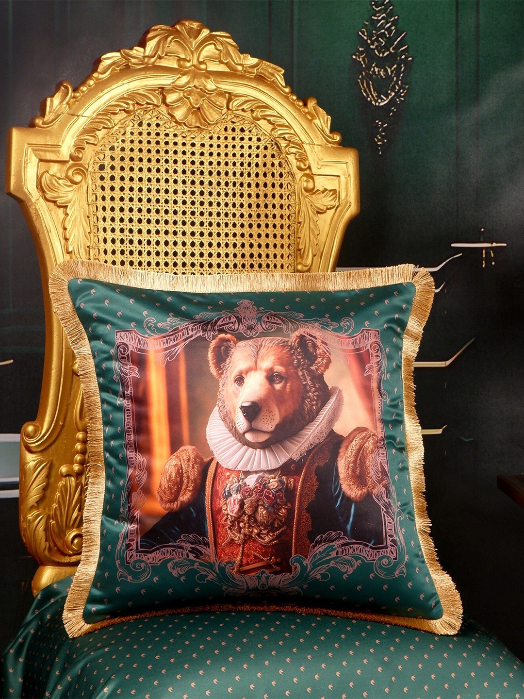 

THE WHITE INK DECOR Green & Gold toned Satin Square Cushion Covers