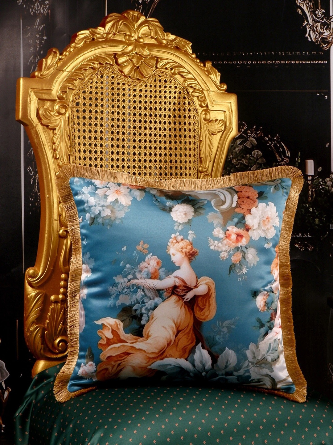 

THE WHITE INK DECOR Blue & White Floral Satin Square Cushion Cover