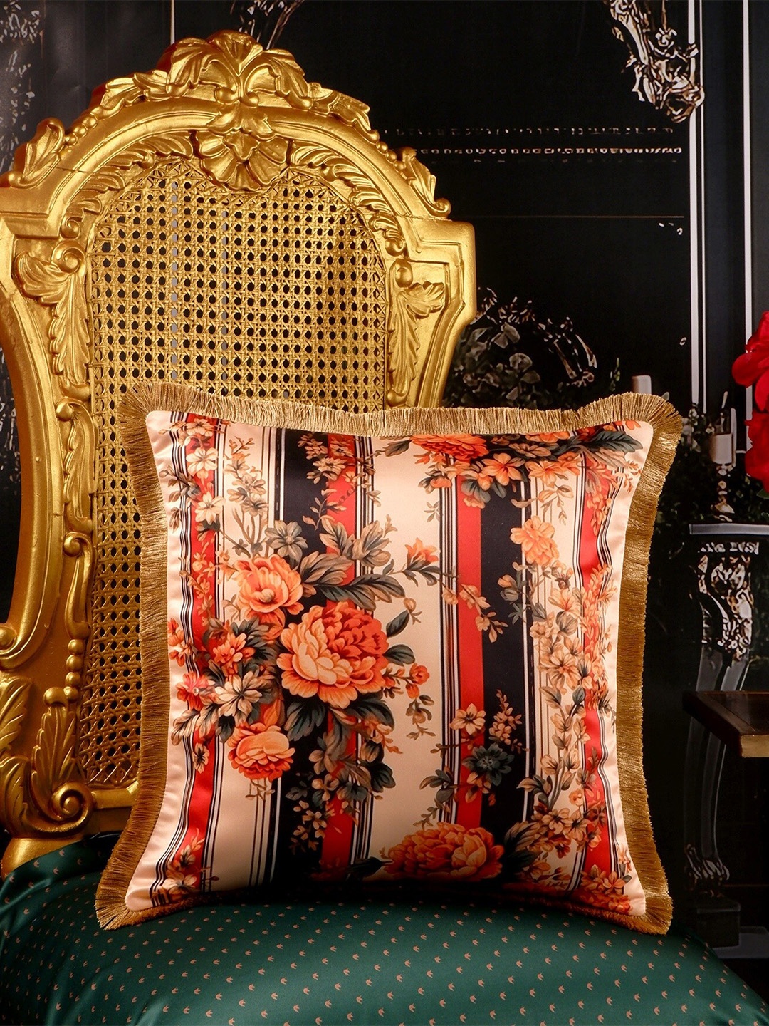 

THE WHITE INK DECOR Red & White Floral Satin Square Cushion Covers