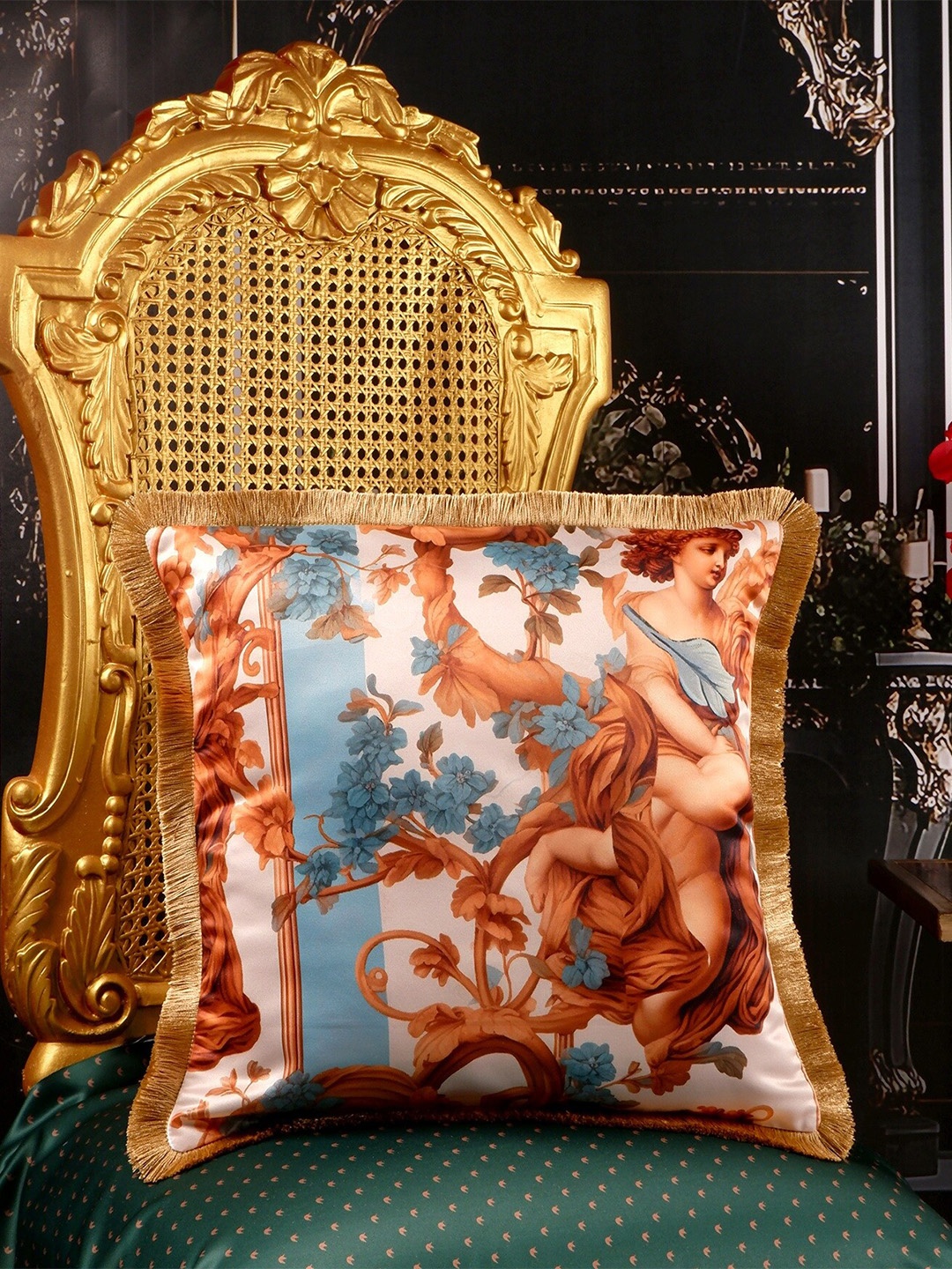 

THE WHITE INK DECOR Blue & White Floral Satin Square Cushion Cover