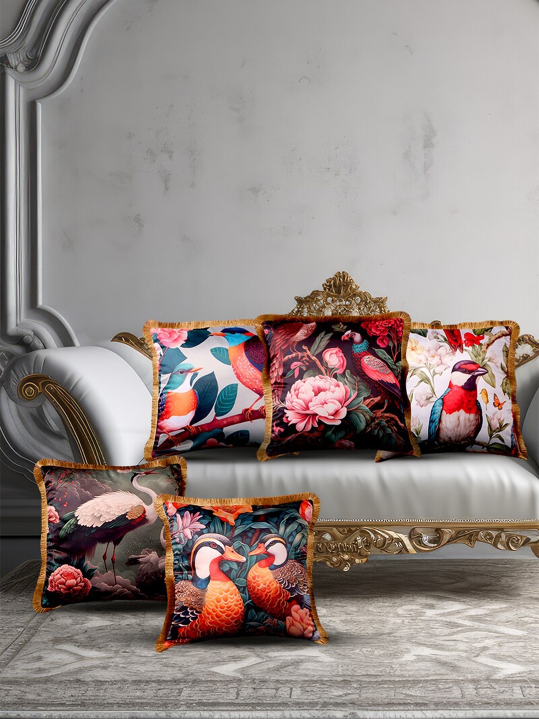 

THE WHITE INK DECOR Brown & White 5 Pieces Floral Satin Square Cushion Covers