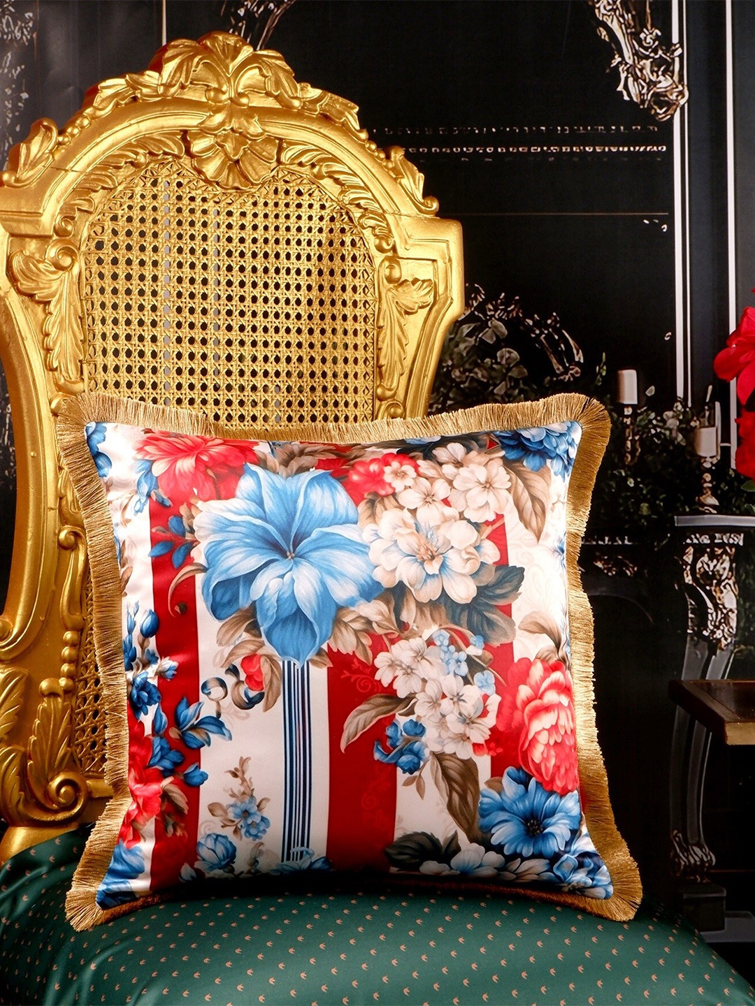 

THE WHITE INK DECOR Red & White Floral Satin Square Cushion Cover