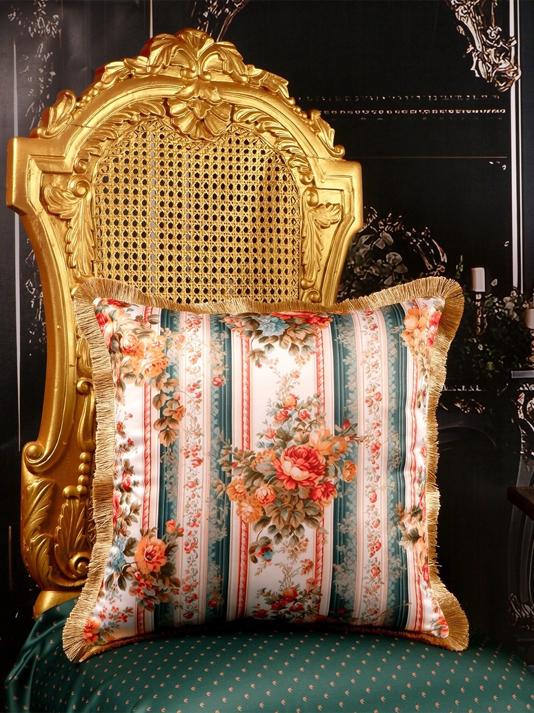 

THE WHITE INK DECOR Green & White Floral Satin Square Cushion Cover