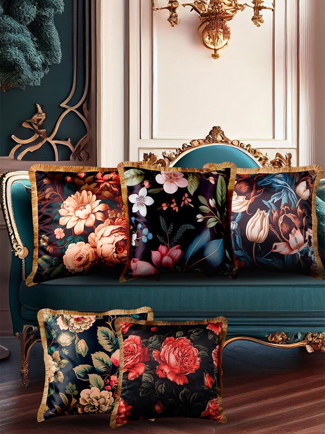 

THE WHITE INK DECOR Eden Blue 5 Pcs Floral Satin Square Cushion Cover With Fringe Edging