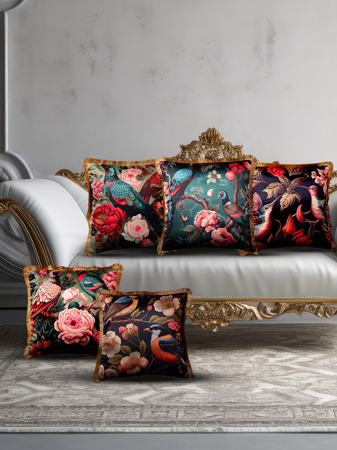 

THE WHITE INK DECOR Eden Blue 5 Pcs Floral Satin Square Cushion Cover With Fringe Edging