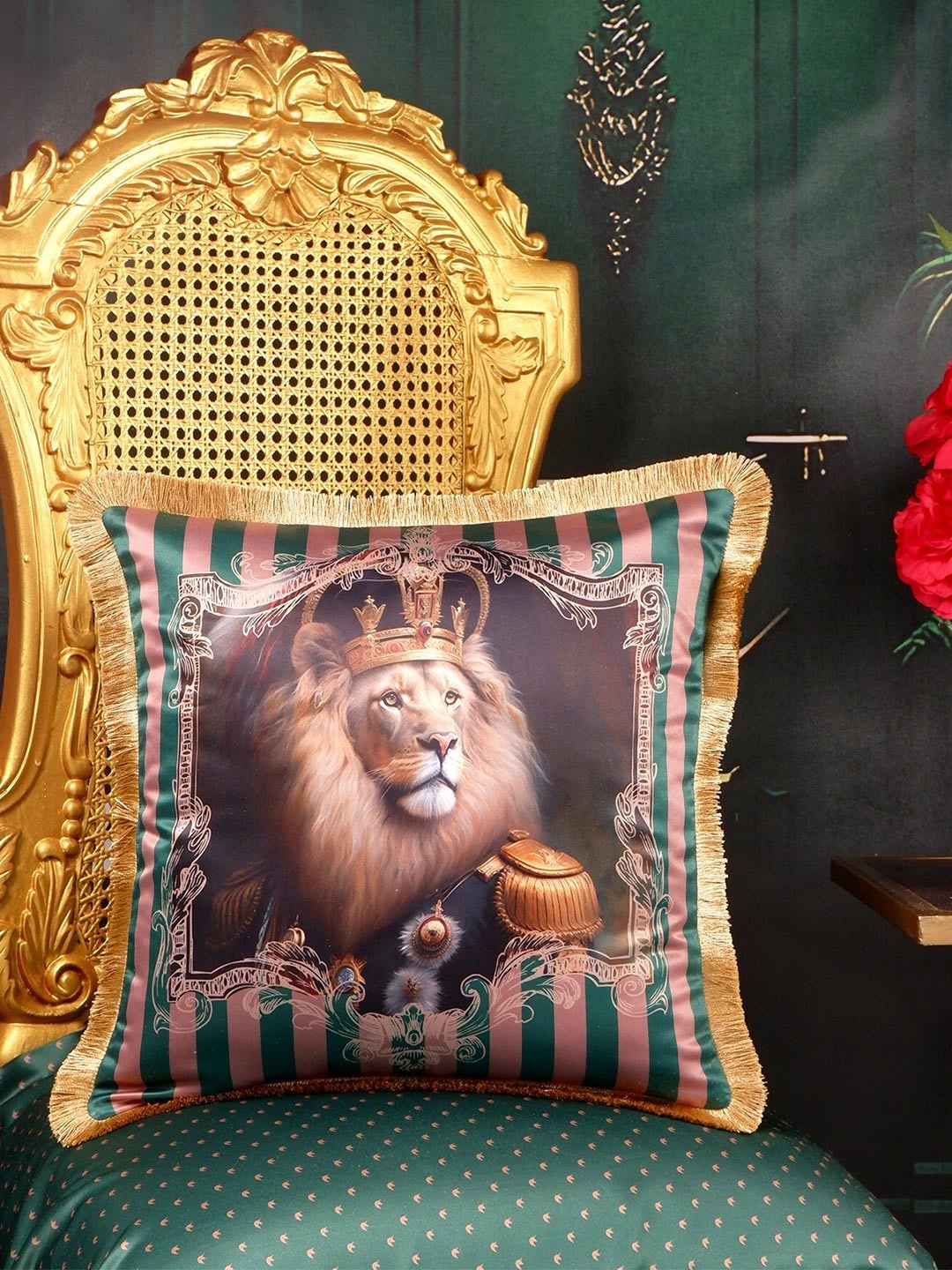 

THE WHITE INK DECOR Exotic Menagerie Green & Beige Abstract Satin Square Cushion Cover