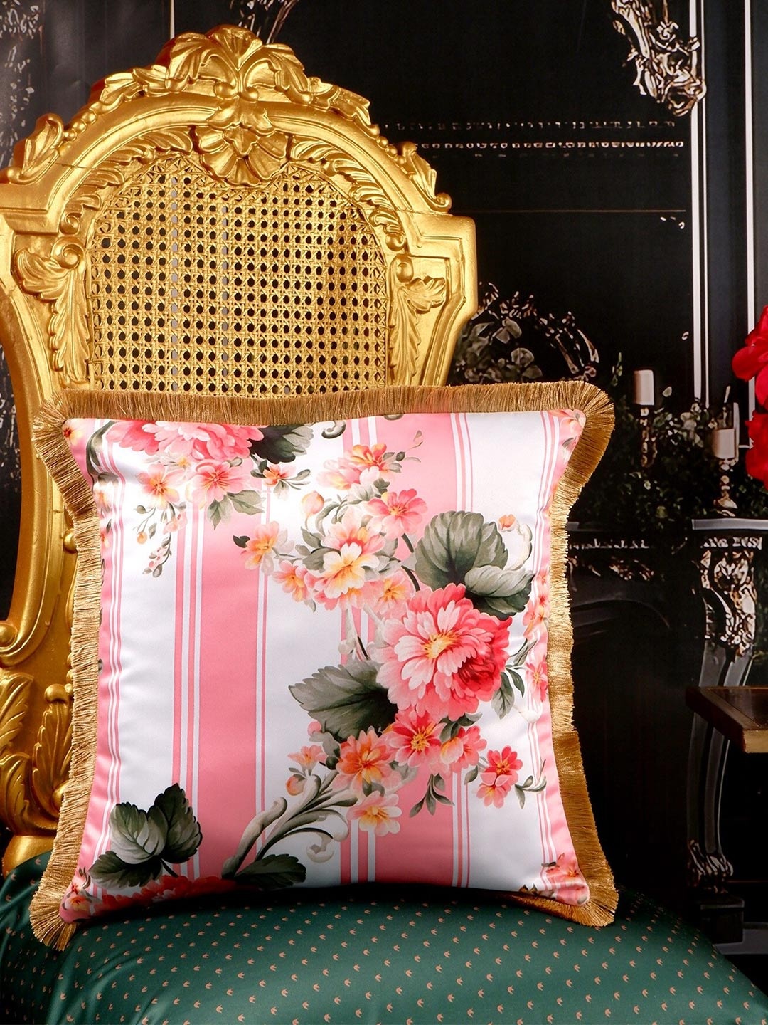 

THE WHITE INK DECOR Eden Pink & White Floral Satin Square Cushion Cover With Fringe Edging