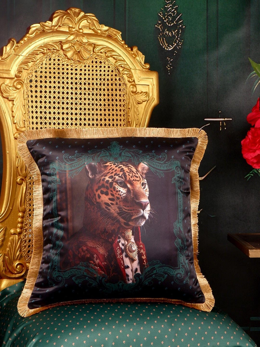 

THE WHITE INK DECOR Exotic Menagerie Green & Brown Abstract Satin Square Cushion Cover