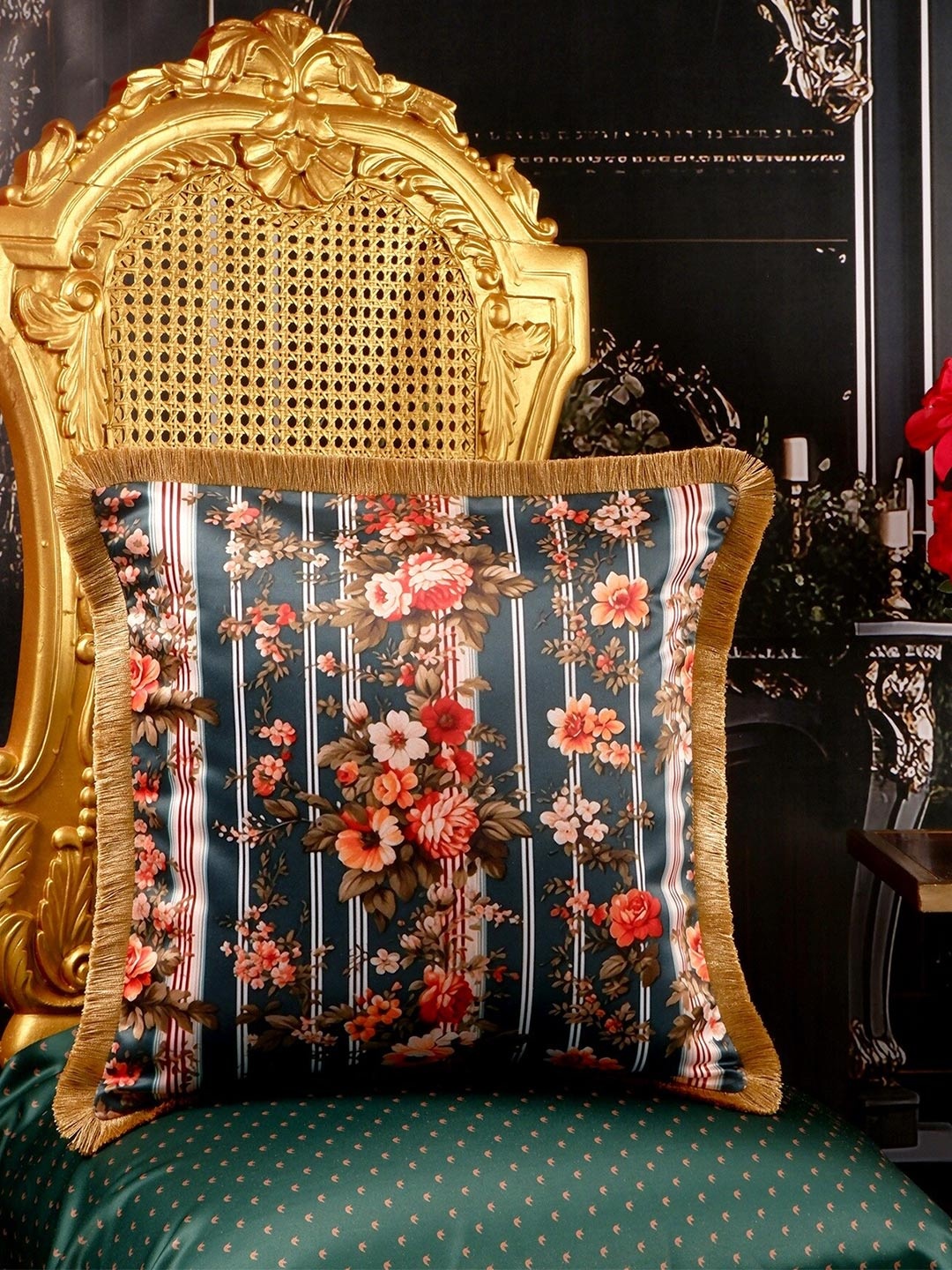 

THE WHITE INK DECOR Tropical Elegence Green & Red Floral Satin Square Cushion Covers
