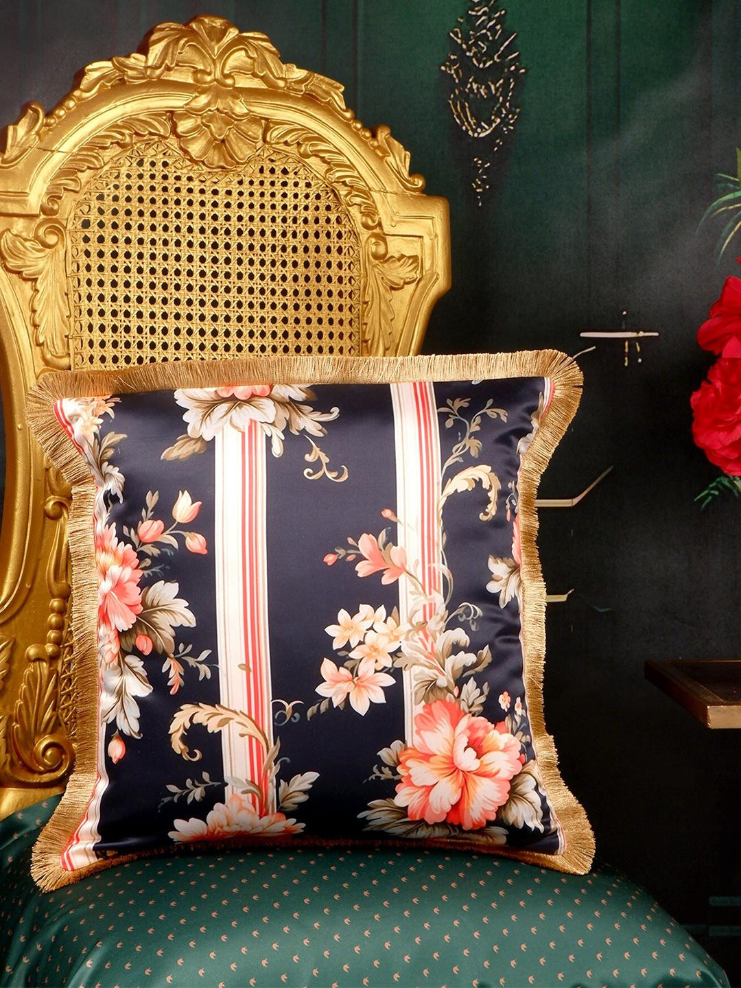

THE WHITE INK DECOR Tropical Elegence Black & White Floral Satin Square Cushion Covers, Blue