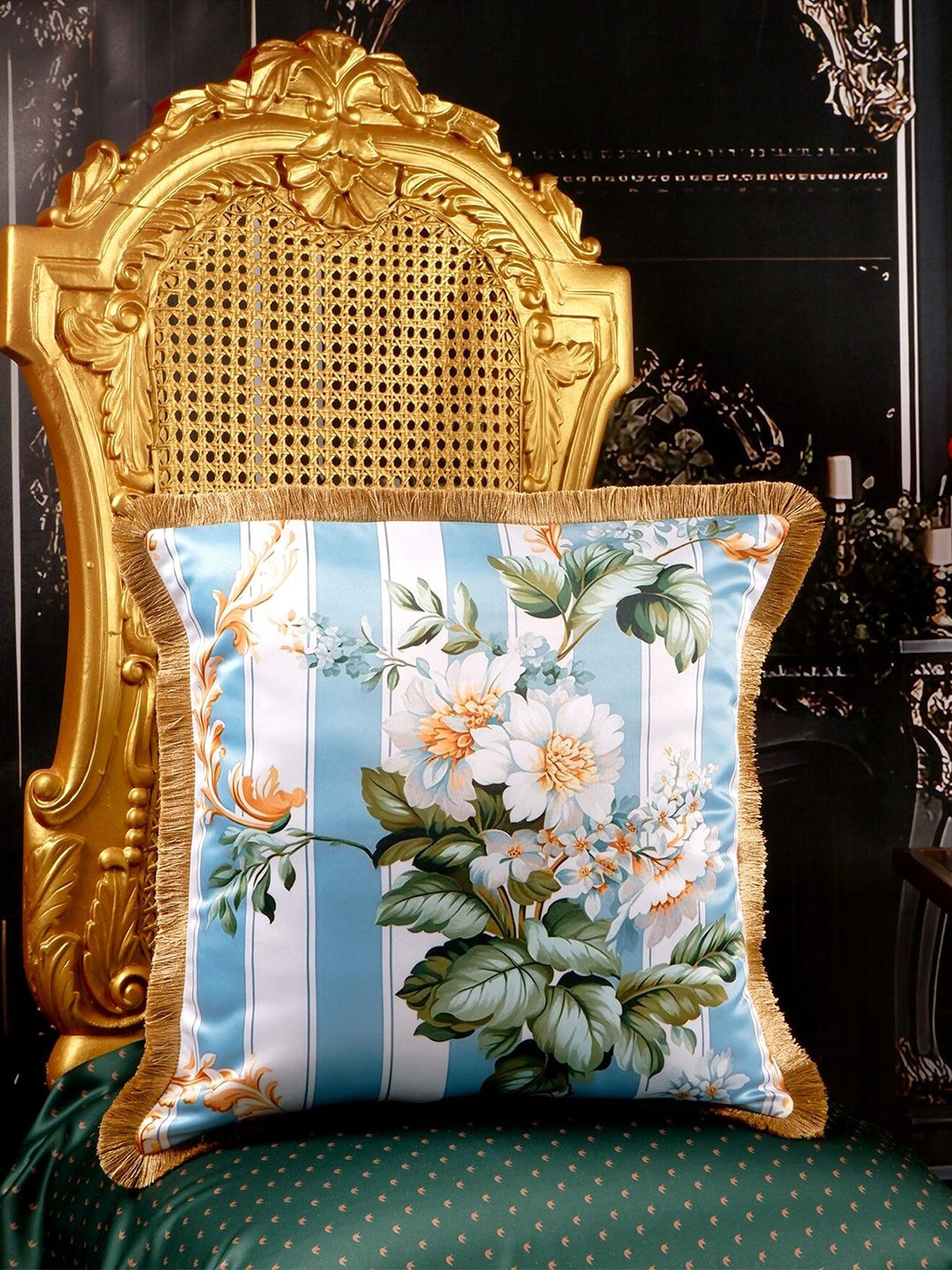 

THE WHITE INK DECOR Blue & White Floral Satin Square Cushion Covers