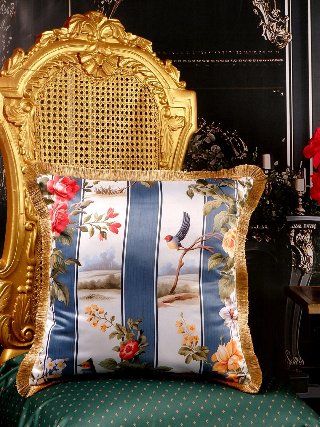 

THE WHITE INK DECOR Blue & White Floral Satin Square Cushion Covers