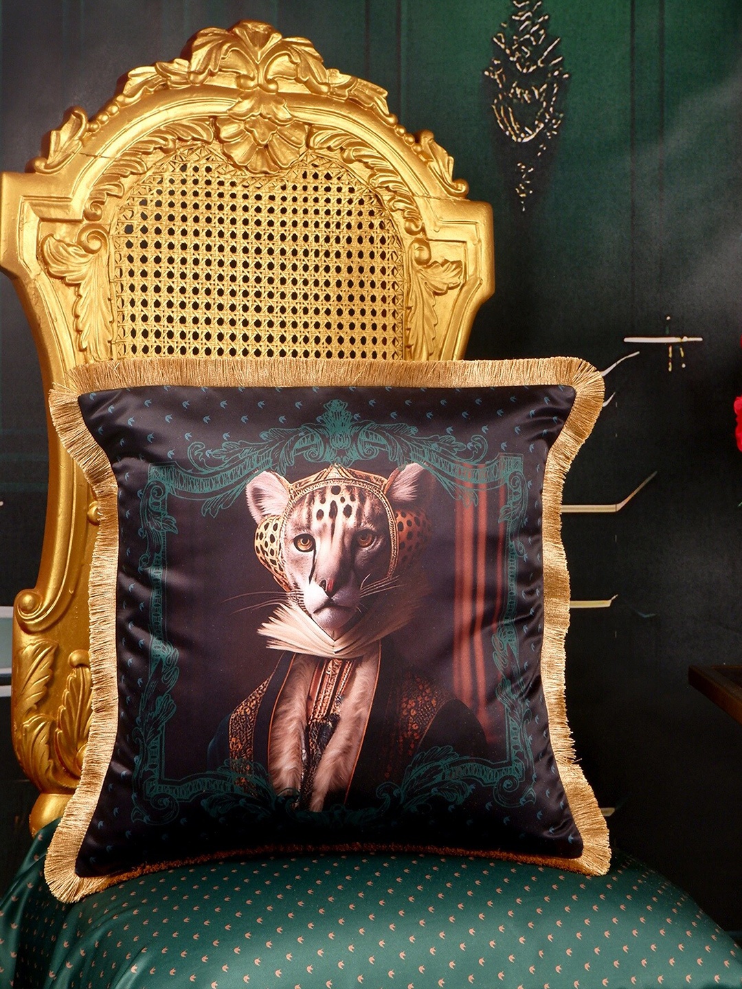 

THE WHITE INK DECOR Green & Brown Self Design Satin Square Cushion Covers