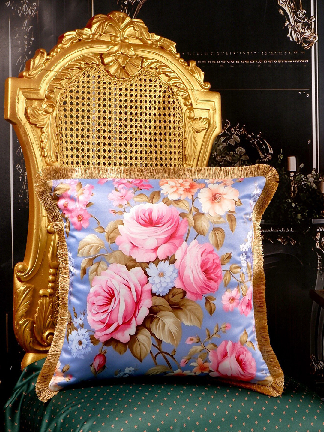 

THE WHITE INK DECOR Blue & Pink Floral Satin Square Cushion Covers