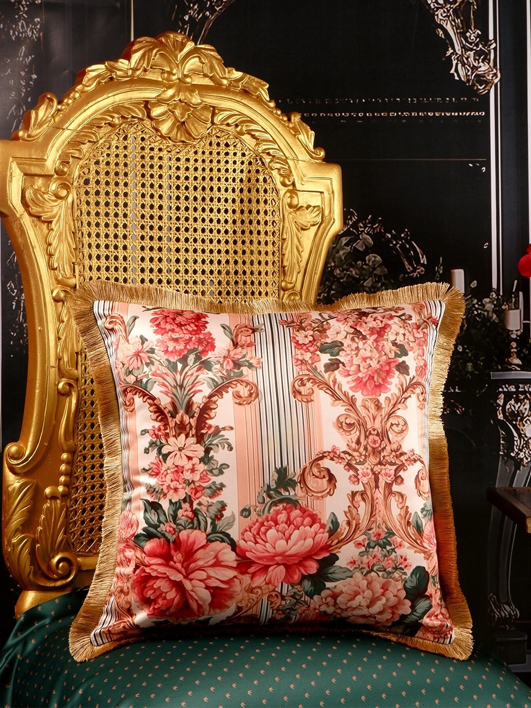 

THE WHITE INK DECOR Red & Brown Floral Satin Square Cushion Covers