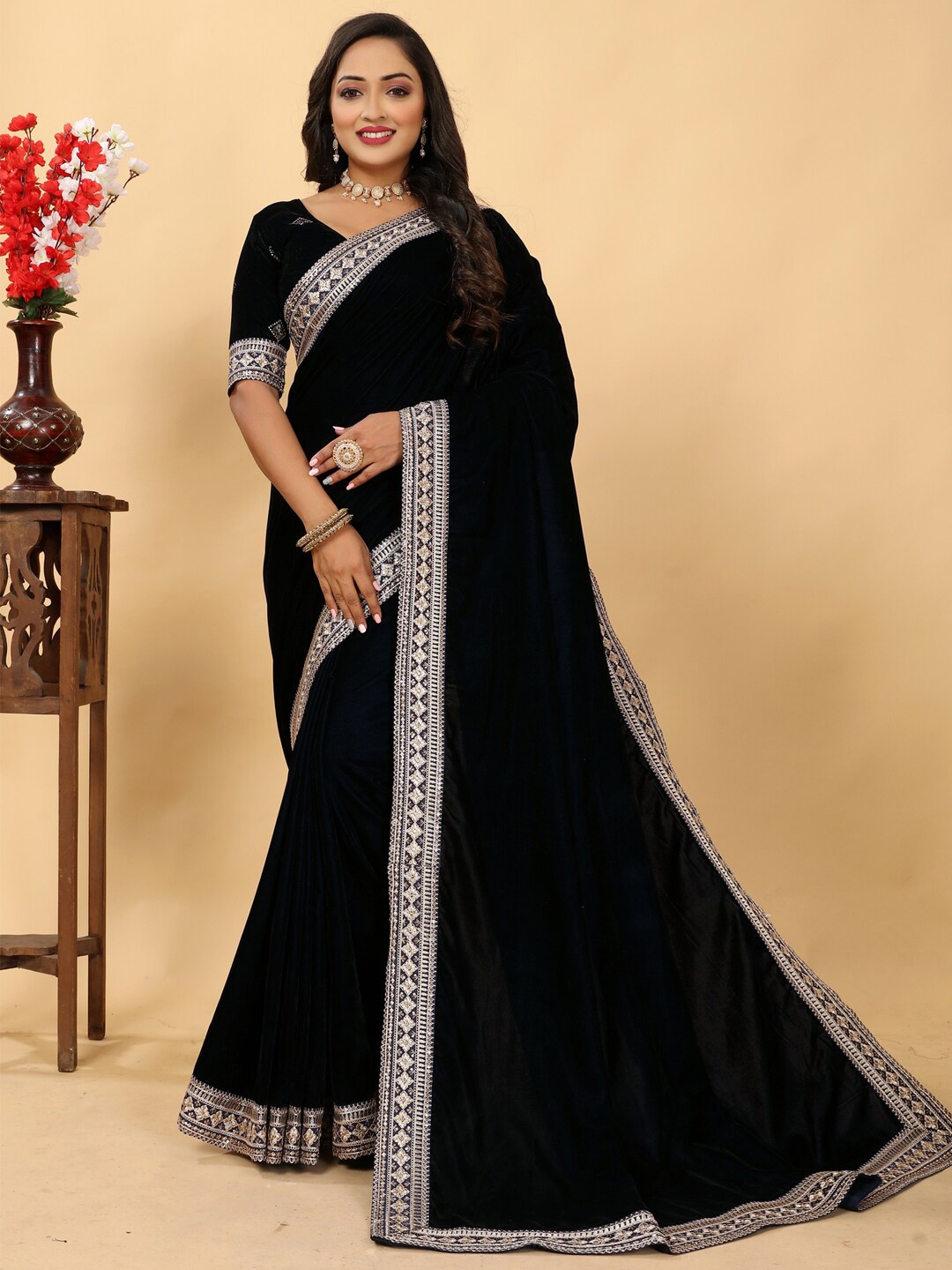 

Saree mall Velvet Embroidered Designer Sarees, Black