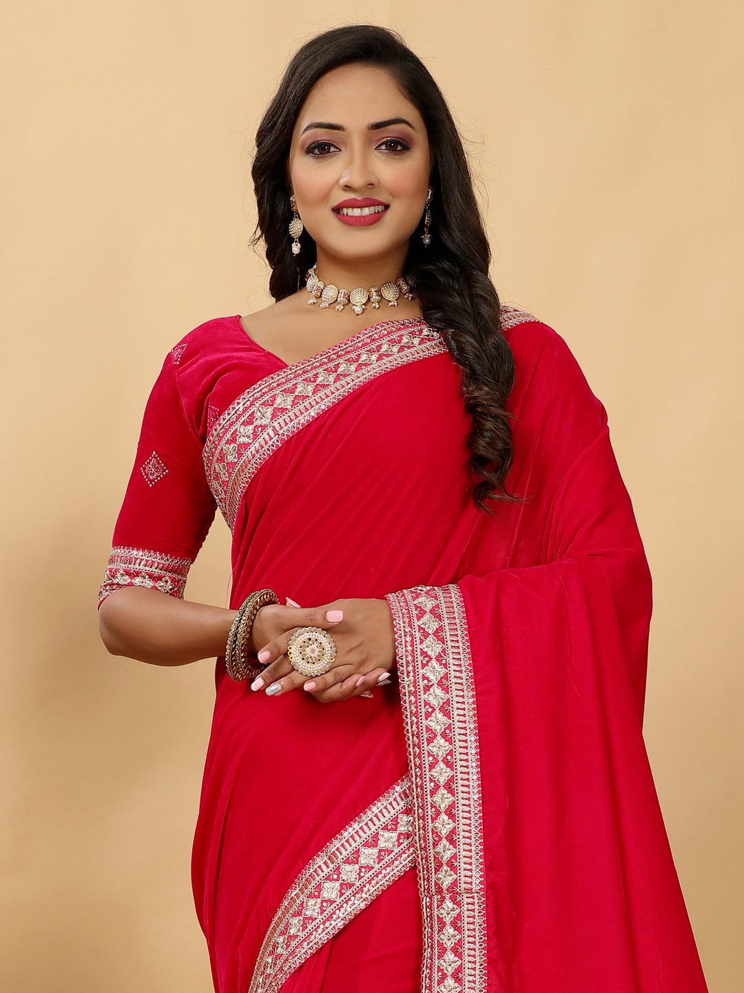 

Saree mall Pink Velvet Embroidered Designer Sarees