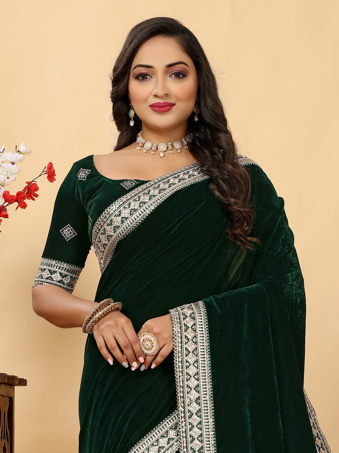 

Saree mall Velvet Embroidered Designer Sarees, Green