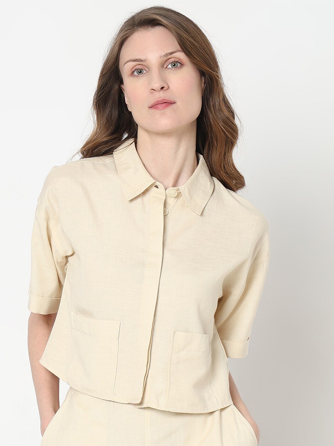 

Vero Moda Boxy Spread Collar Casual Shirt, Beige