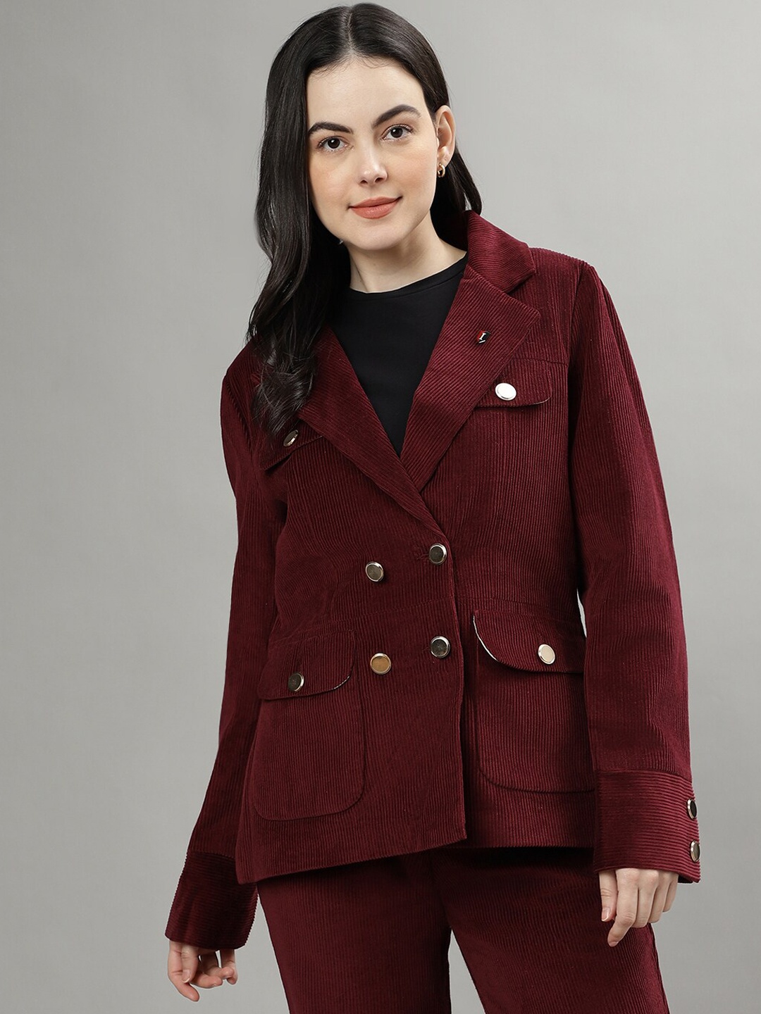 

Iconic Women Double Breasted Pure Cotton Casual Blazers, Maroon