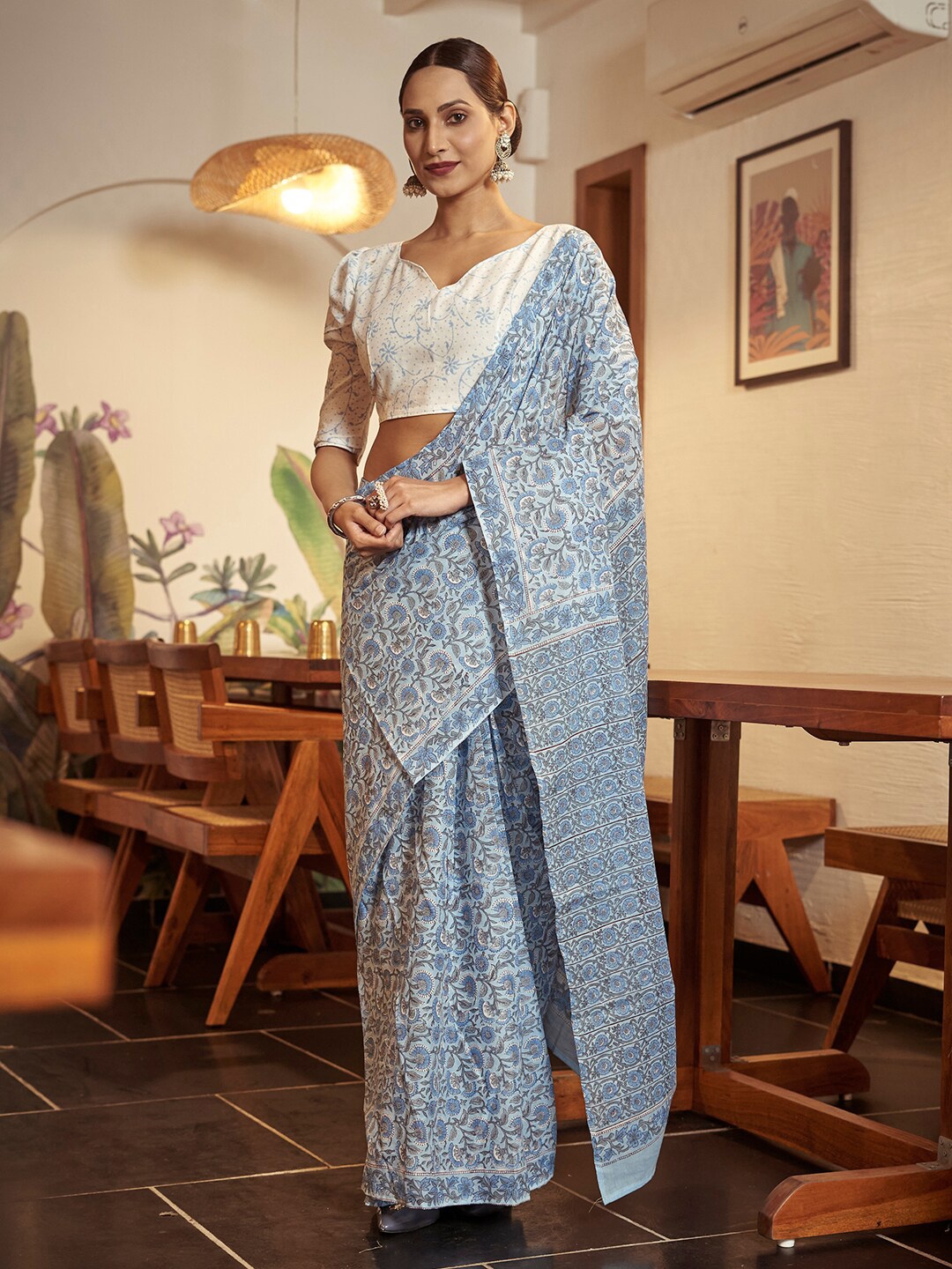 

modeva Floral Printed Pure Cotton Ready to Wear Bagru Saree, Turquoise blue