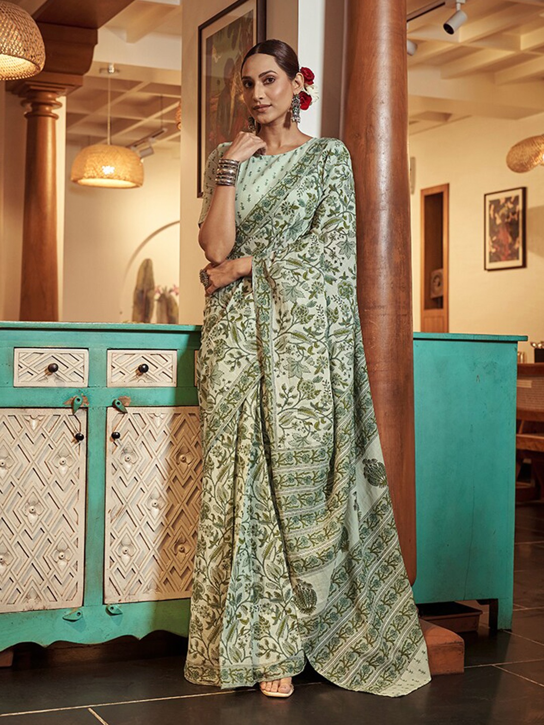 

modeva Floral Printed Pure Cotton Ready to Wear Bagru Saree, Sea green