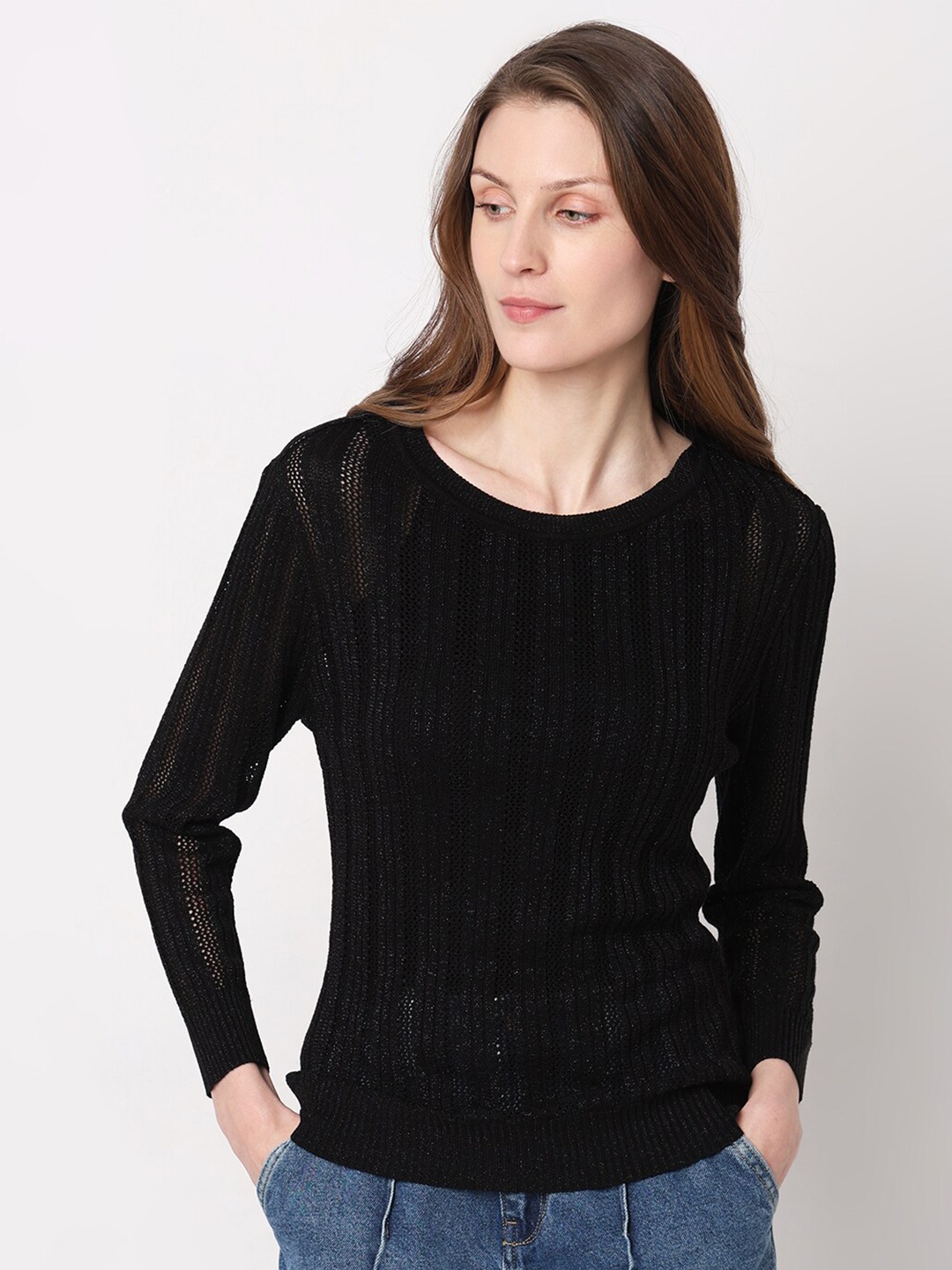 

Vero Moda Open Knit Self Design Pullover Sweater, Black