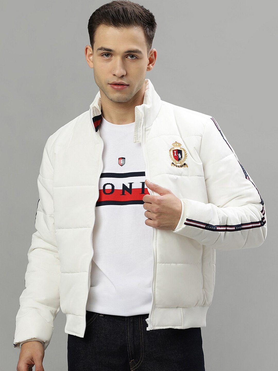 

Iconic Stand Collar Long Sleeves Puffer Jacket, White