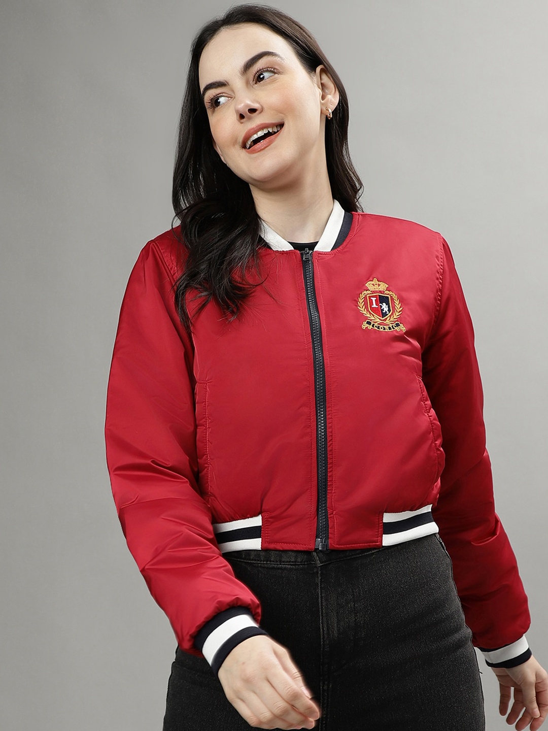 

Iconic Stand Collar Crop Bomber Jacket, Red