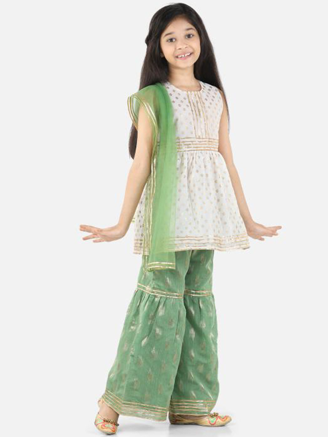 

Fairies Forever Girls Floral Printed Round Neck Kurta with Sharara Dupatta, White