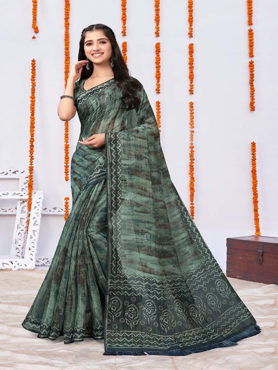 

ARYZE Ethnic Motifs Printed Zari Saree, Teal