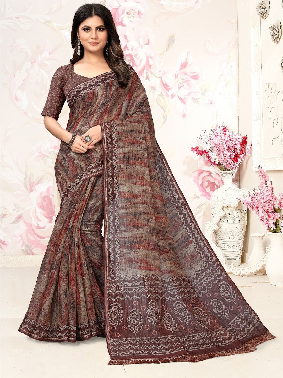 

ARYZE Ethnic Motifs Zari Silk Blend Saree, Brown